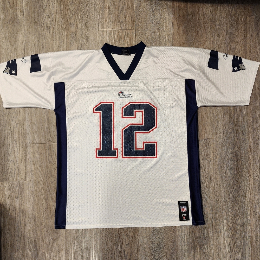 Patriots Jersey Tom Brady 12 NFL Reebok Mens 2XL White Navy Trim TB12 The Goat